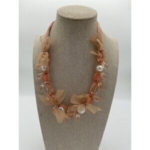 Peach Beaded Necklace With Sheer Ribbon & Pearl Accents By Robert Rose